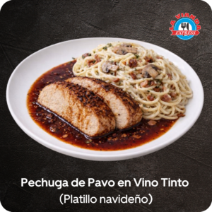Pechuga de pavo en vino tinto con gravy casero, acompañada de espagueti, platillo preparado en La Vianda Express en Morelia.