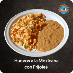 Huevos a la mexicana con frijoles refritos en La Vianda Express, desayuno casero en Morelia