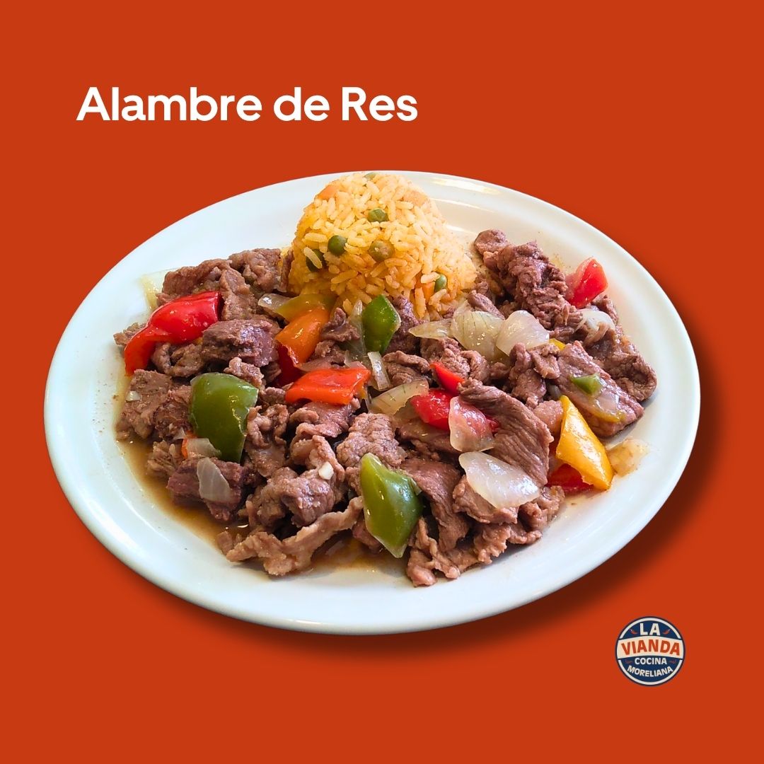 Alambre de res con verduras, arroz y guarnición, comida casera en Morelia Zona Camelinas