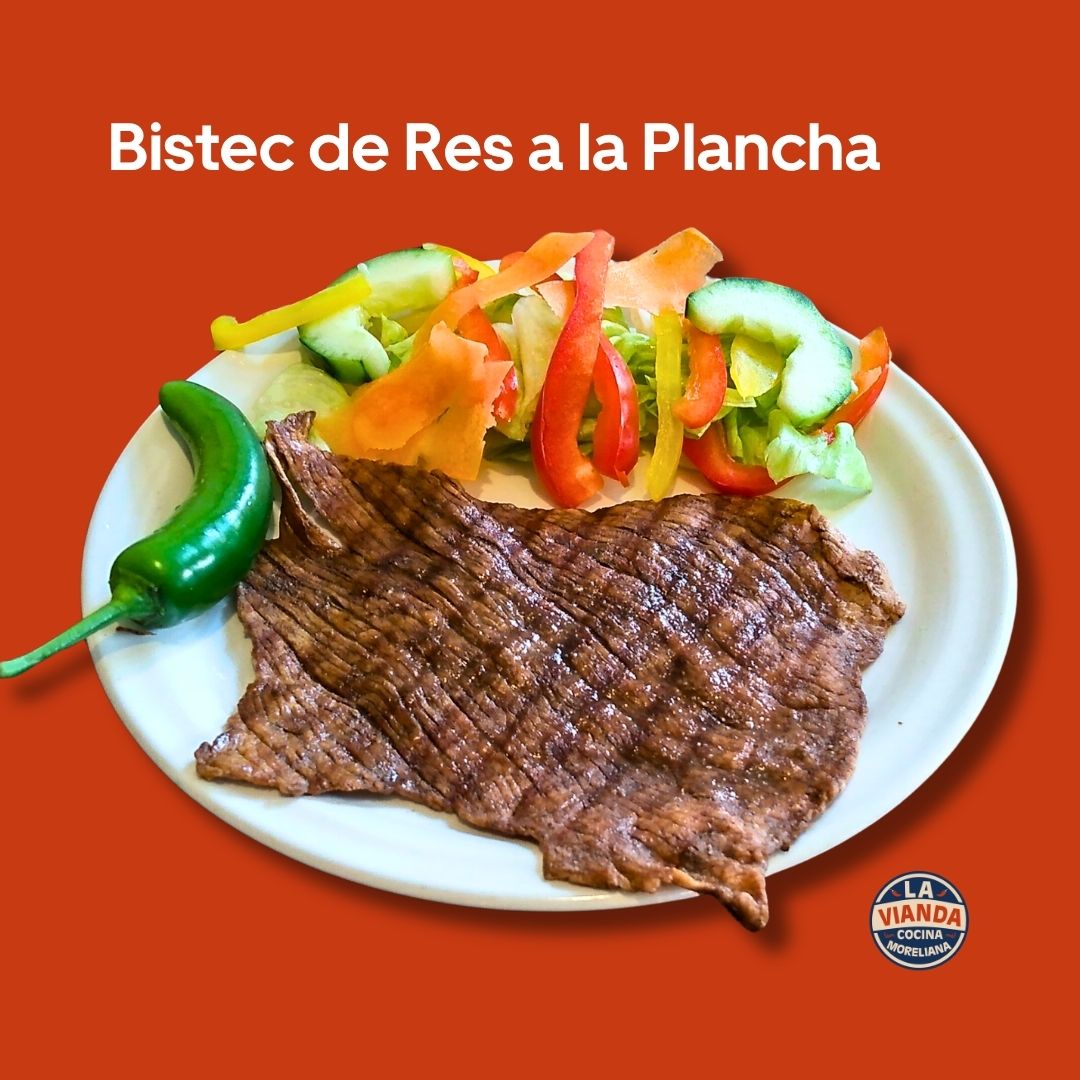 Bistec de res a la plancha con guarniciones, comida casera en Morelia Zona Camelinas