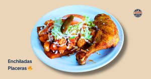 Plate with a roasted chicken leg beside potato hash topped with shredded cabbage and a jalapeño, on a blue plate; labeled 'Enchiladas Placeras'.