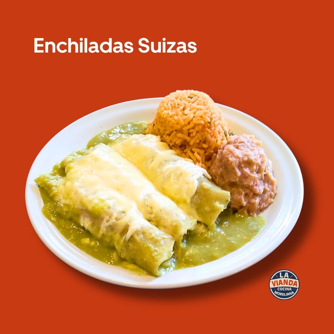 Enchiladas suizas con pollo y guarniciones, comida casera en Morelia Zona Camelinas