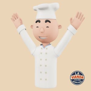 Cheerful 3D cartoon chef in a white uniform raises arms in celebration, with a La Vianda logo in the bottom-right corner.