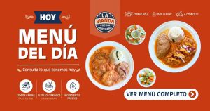 Hoy menú del día: tres platos en platos blancos sobre fondo naranja, con botón 'Ver menú completo' a la derecha.