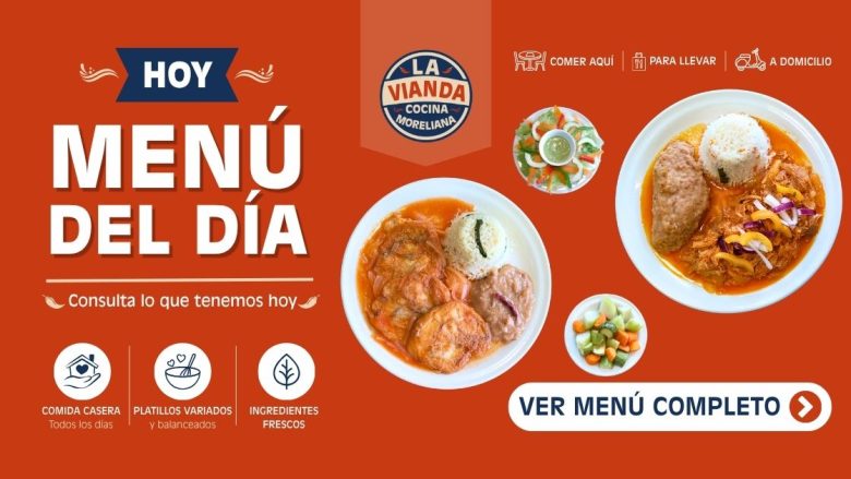Hoy menú del día: tres platos en platos blancos sobre fondo naranja, con botón 'Ver menú completo' a la derecha.