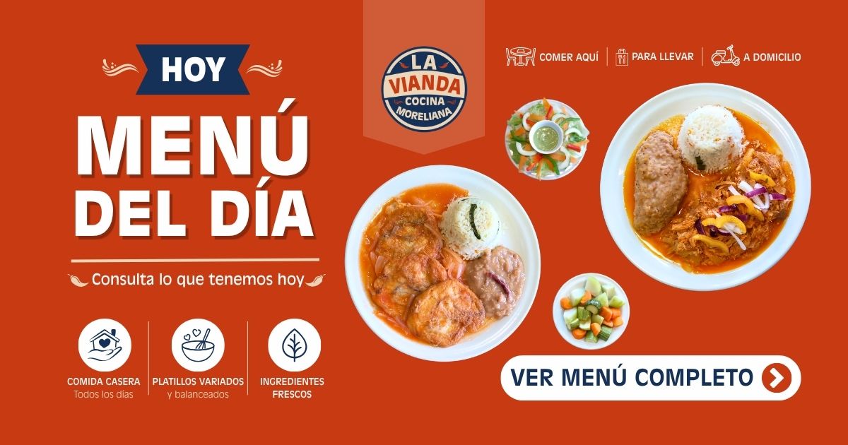 Hoy menú del día: tres platos en platos blancos sobre fondo naranja, con botón 'Ver menú completo' a la derecha.