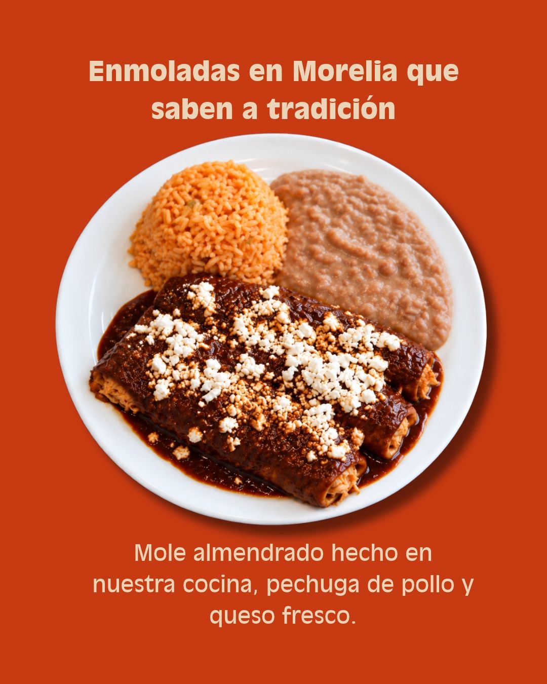 Enmoladas en Morelia con mole almendrado, pechuga de pollo y queso fresco de La Vianda