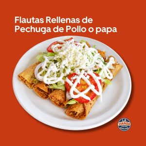 Flautas de Pollo o Papa | La Vianda Cocina Moreliana - La Vianda Cocina Moreliana | Comida casera en Morelia Flautas rellenas de pechuga de pollo o papa con lechuga, jitomate, crema y queso, platillo de La Vianda Cocina Moreliana en Morelia. Comida Casera en Morelia